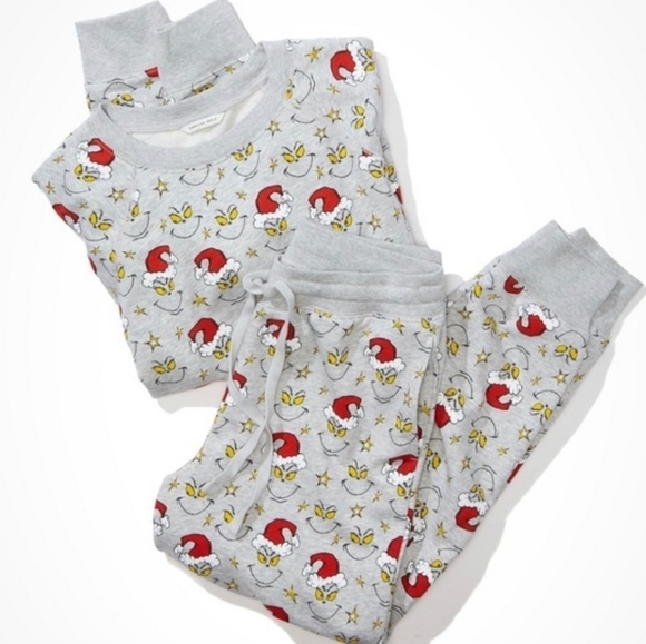 Ae | Grinch Christmas Pajama Set Gray Crew Neck Sweatshirt & Hi-Rise Joggers S - Picture 8 of 9